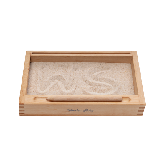 Montessori Sandtablett mit Kartenhalterung und Sand